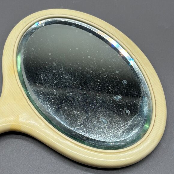 Antique French Ivory Celluloid Hand Mirror Beveled Glass Vanity Art Deco 1920s - Picture 3 of 9